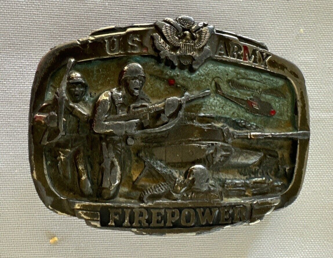 US Army Belt Buckle Military Firepower Soldiers Vintage 80s S# H1071 USA