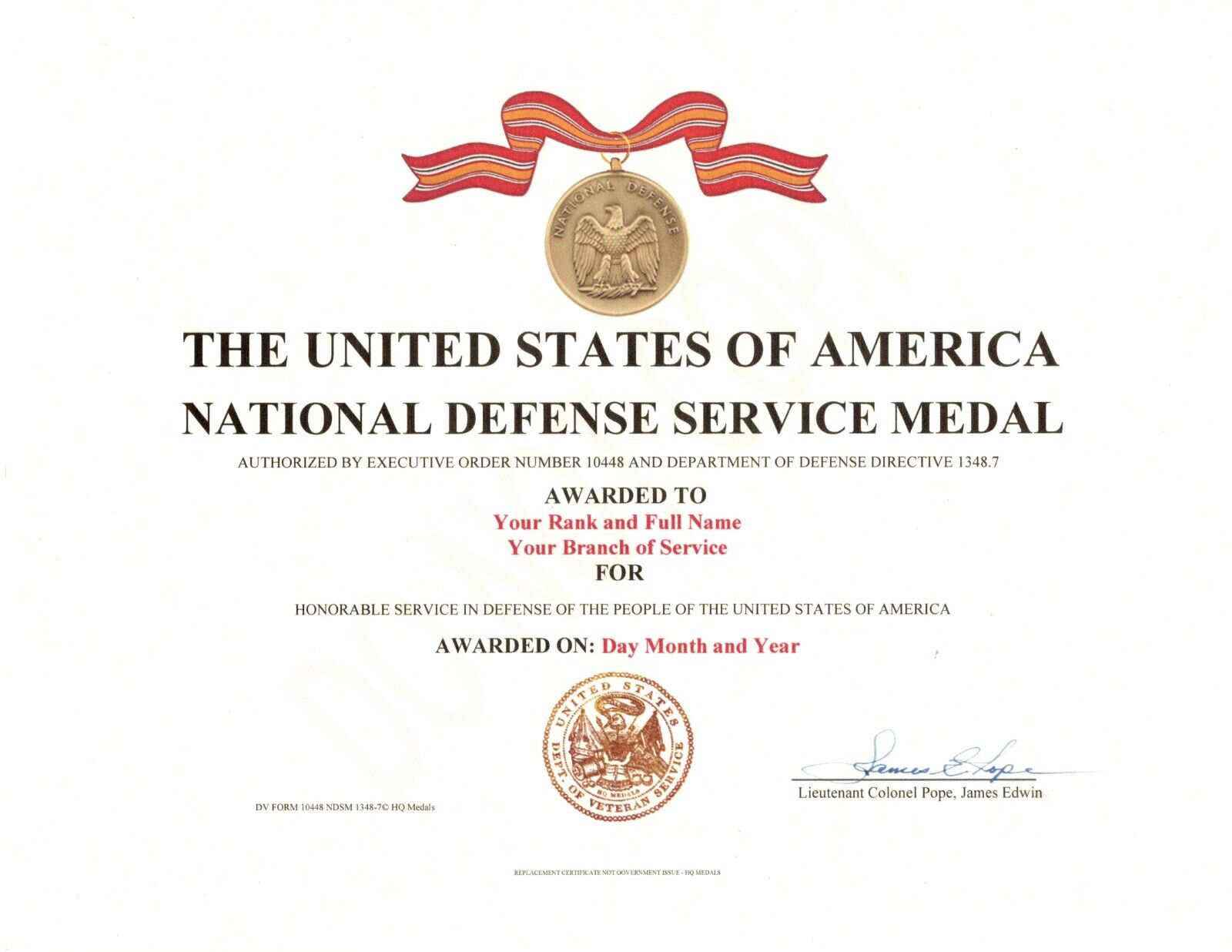 NDSM National Defense Service Medal Certificate Army Navy Air Force Marines