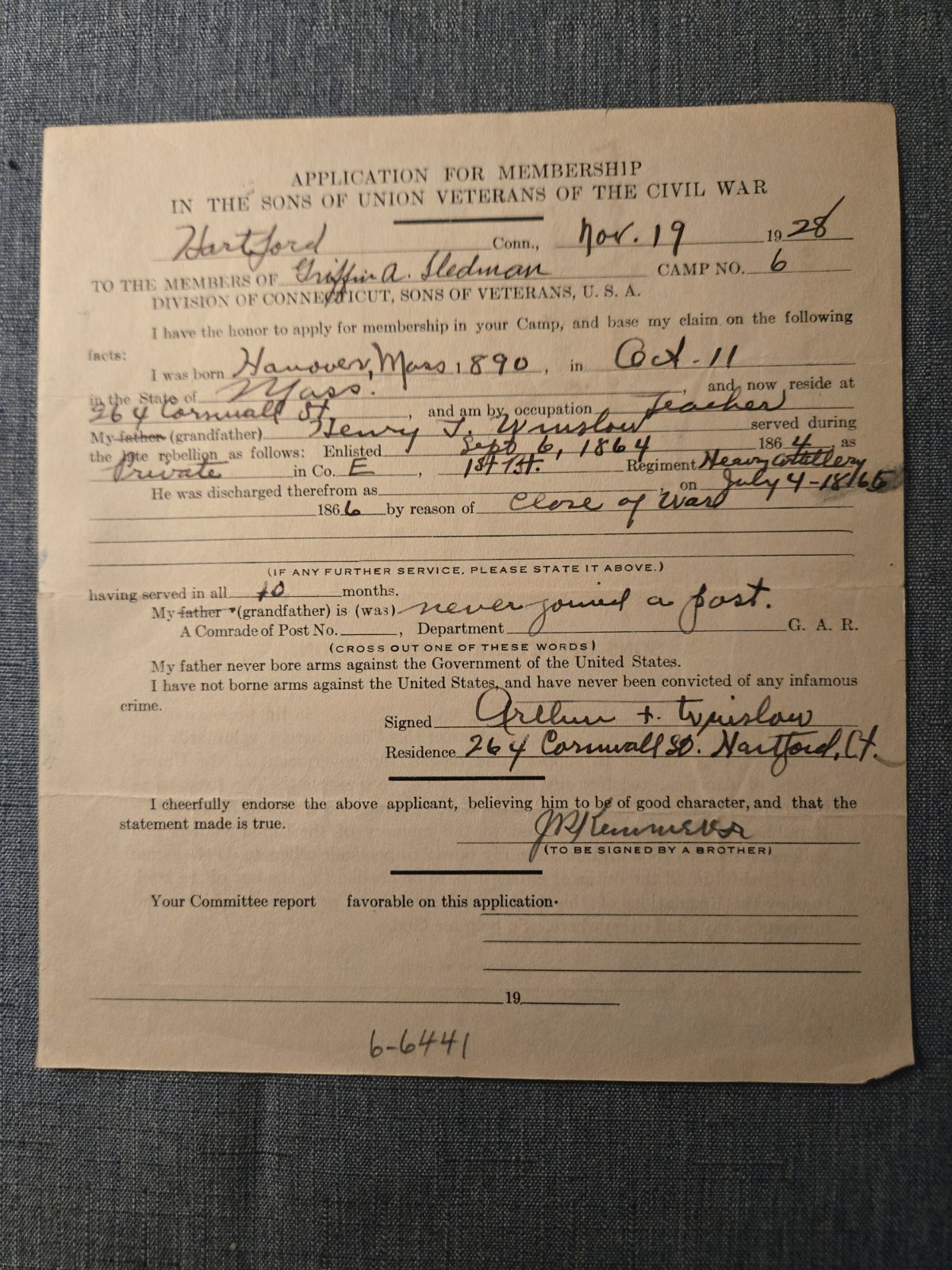 1928 Sons of Union Veterans Application Hartford CT 1st Mass Heavy Artillery