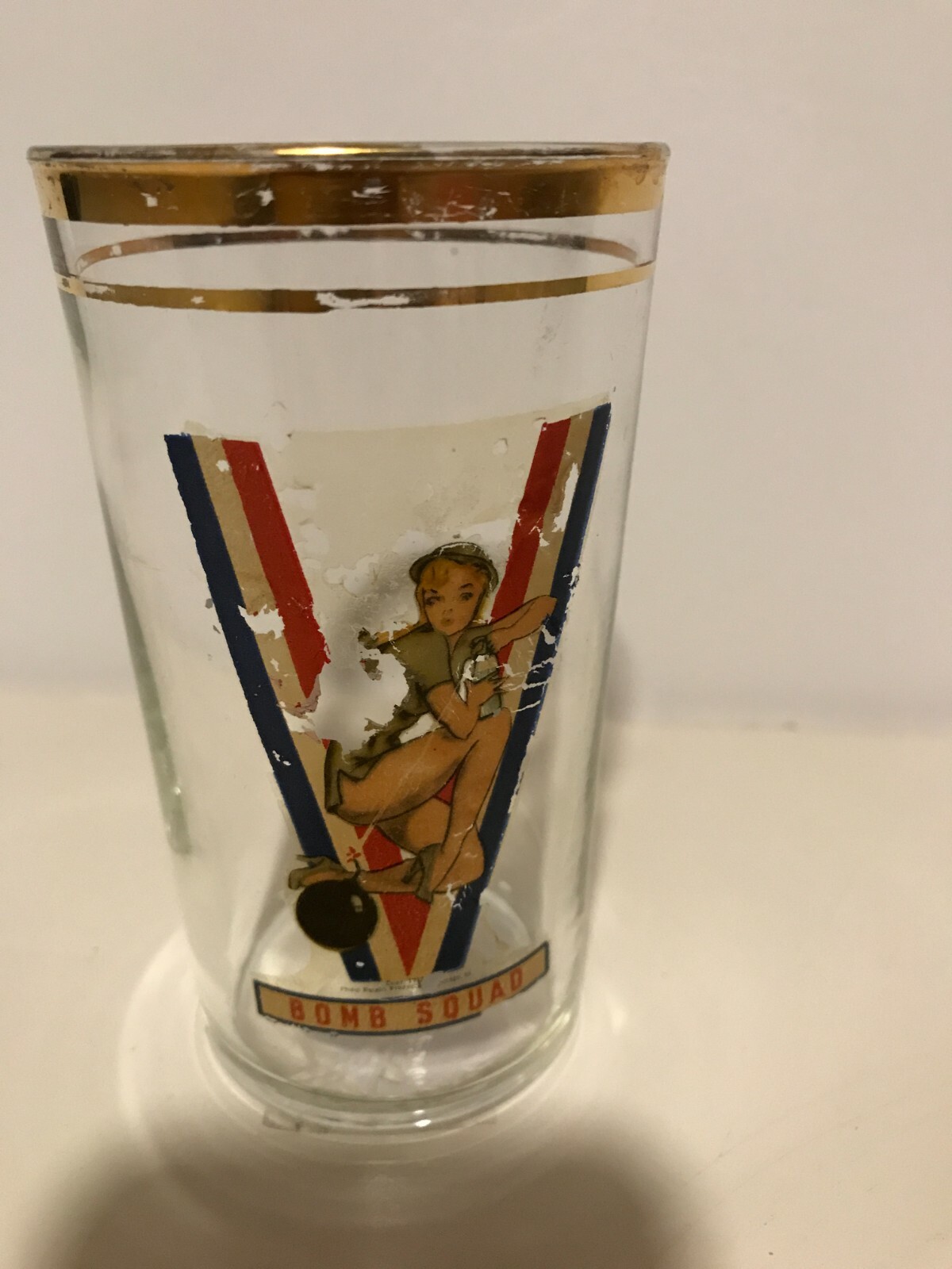 Vintage WWII Bomb Squad Glass Red White Blue V Crouched Woman in V