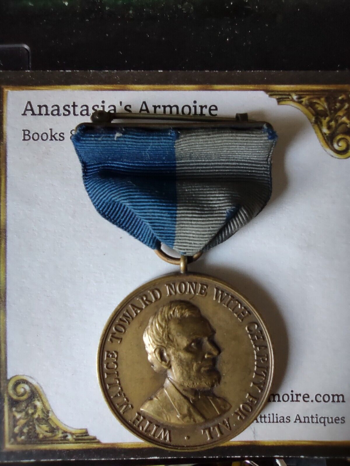 Civil war medal Lincoln brass With Malice Toward None blue gray M no.4538 on rim