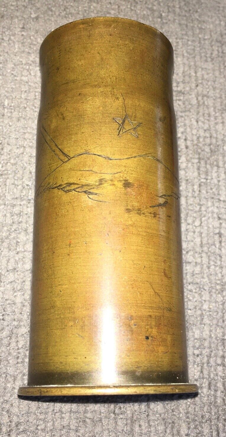 WW1 1916 Trench Art Brass Vase (etched Picture).￼