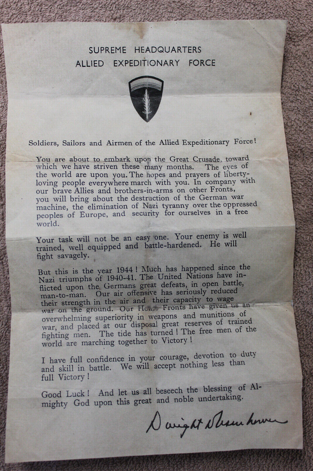 WW2 Eisenhower D-Day Invasion Letter, Double Sided Copy from Original Letter 