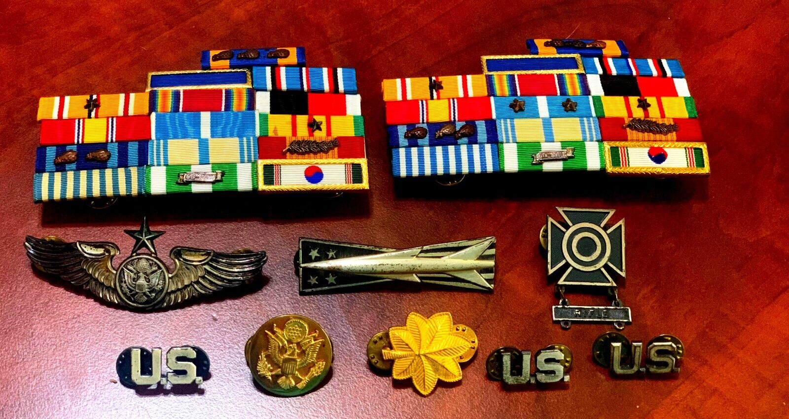 Military Award Ribbons (2) 6 bars with 30 Ribbons, 8+ pins, VG++ Condition
