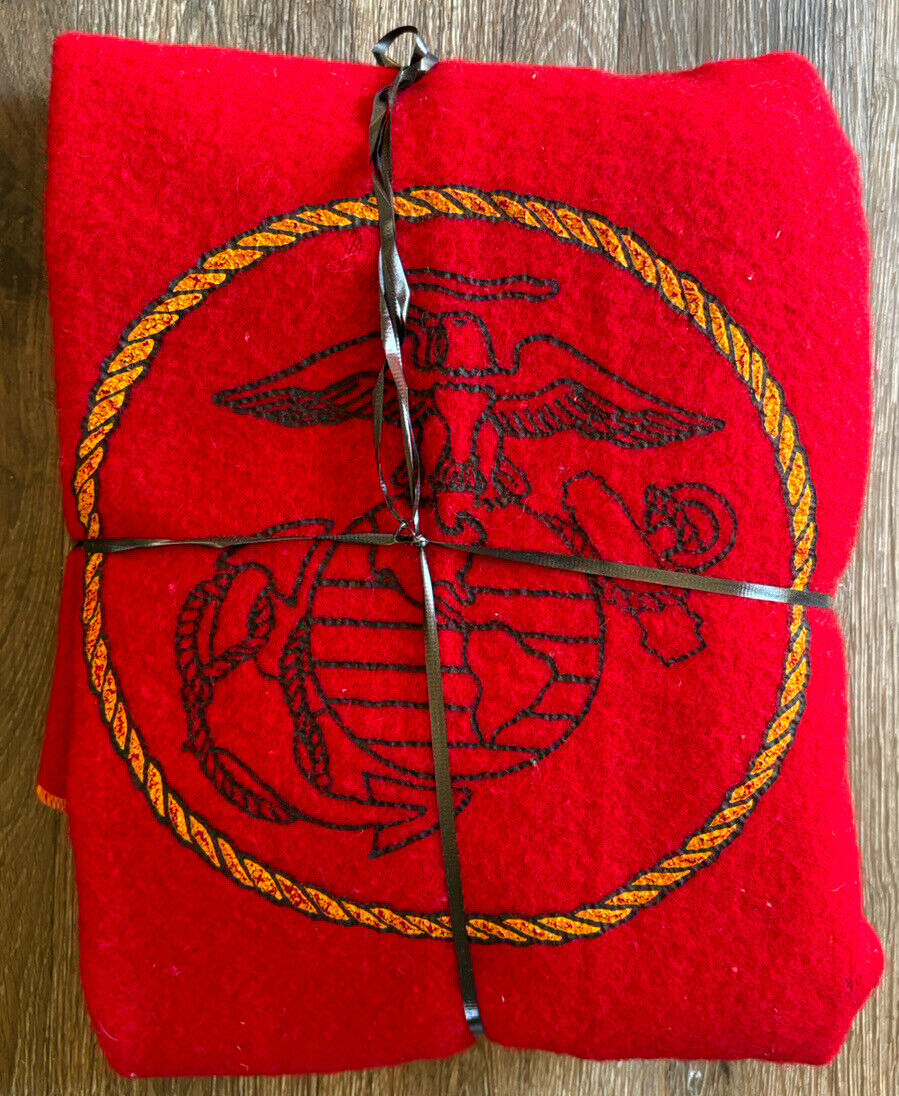 Vintage Marines Emblem Military Red Wool Throw Blanket 38”x58” Rare