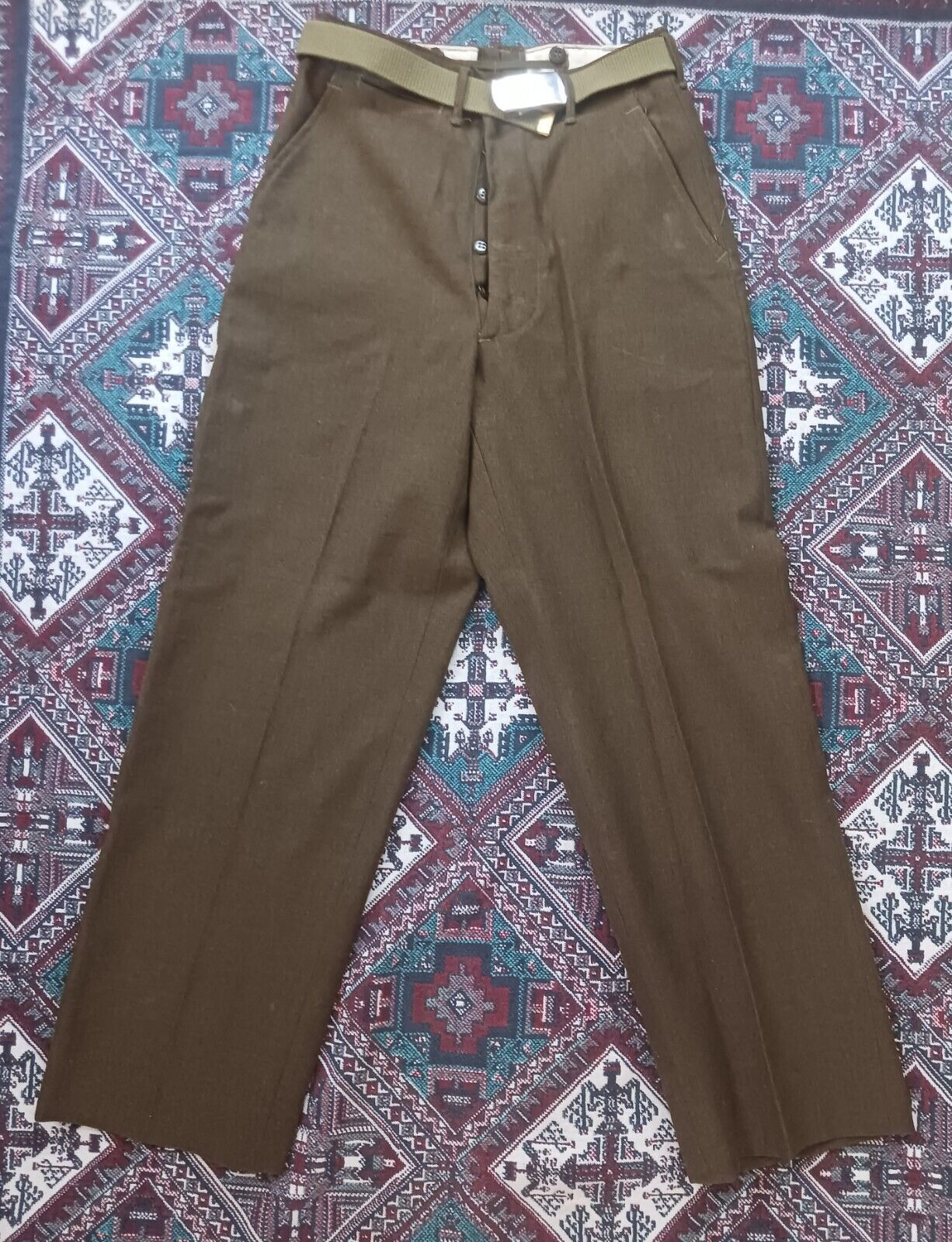 Vintage 1940s WW2 Military Pants 31x30 Olive Green Wool 55-T-35430-31 With Belt