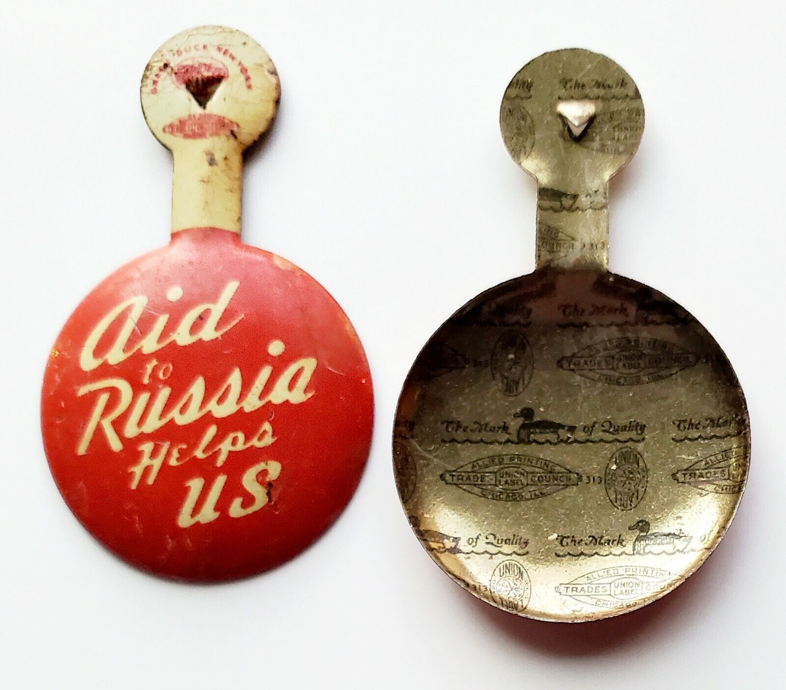 Original Vintage WWII Aid to Russia Helps US Pin Button Greenback