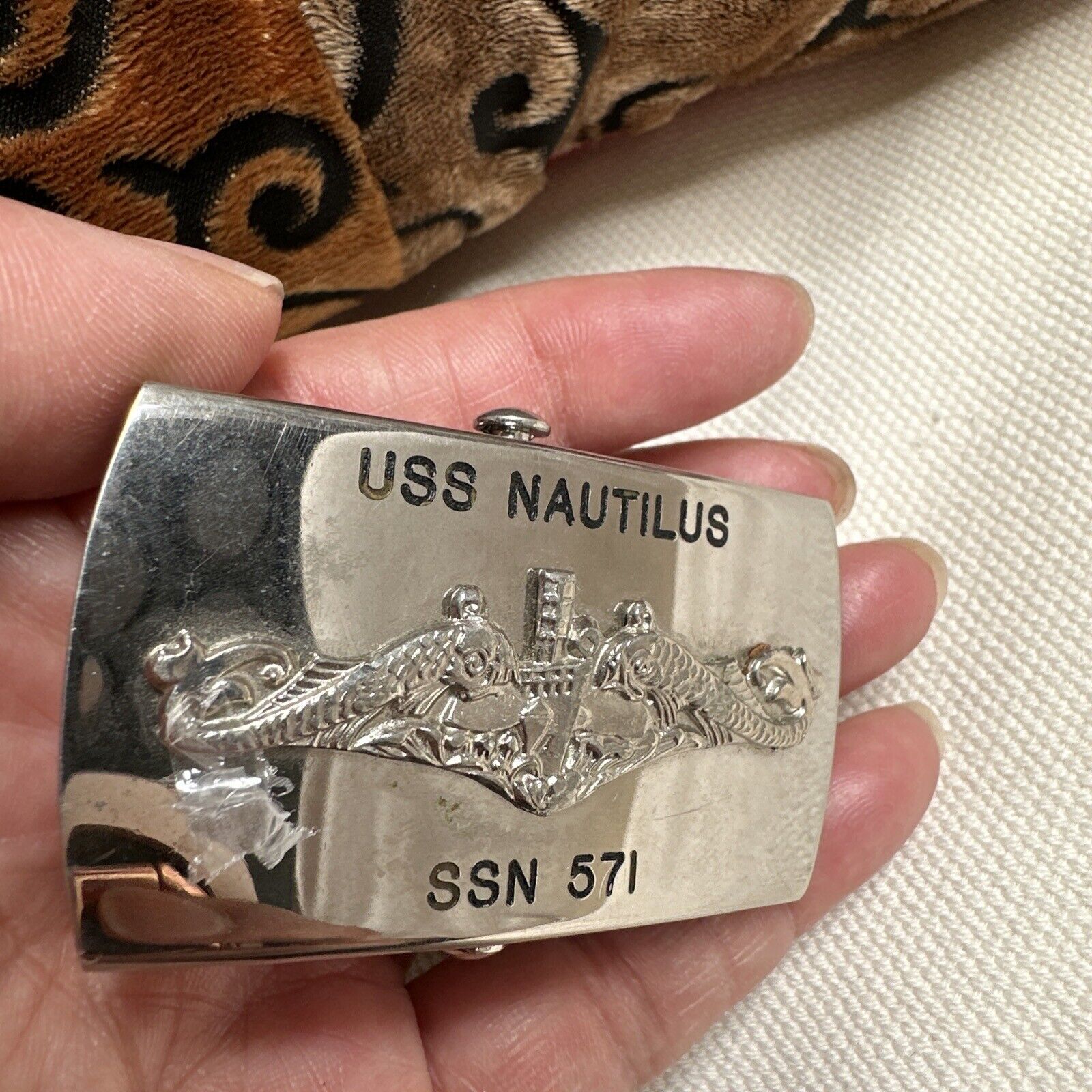 Military Belt Buckle USS NAUTILUS  Solid Brass Silver Tone EUC USA