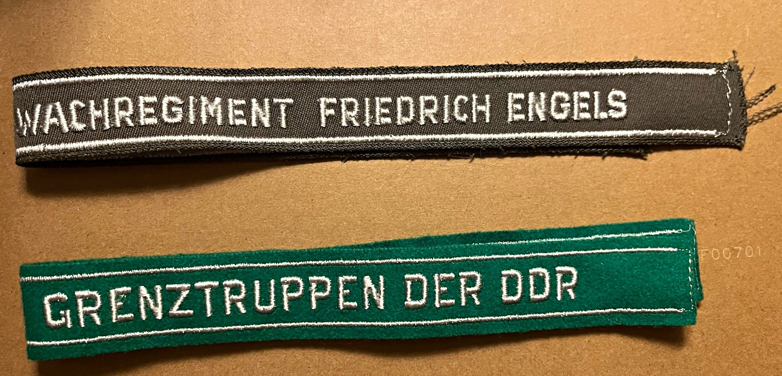 Lot of 2 GDR Uniform Cuff Titles: Grenztruppen der DDR & Wachregiment F. Engels