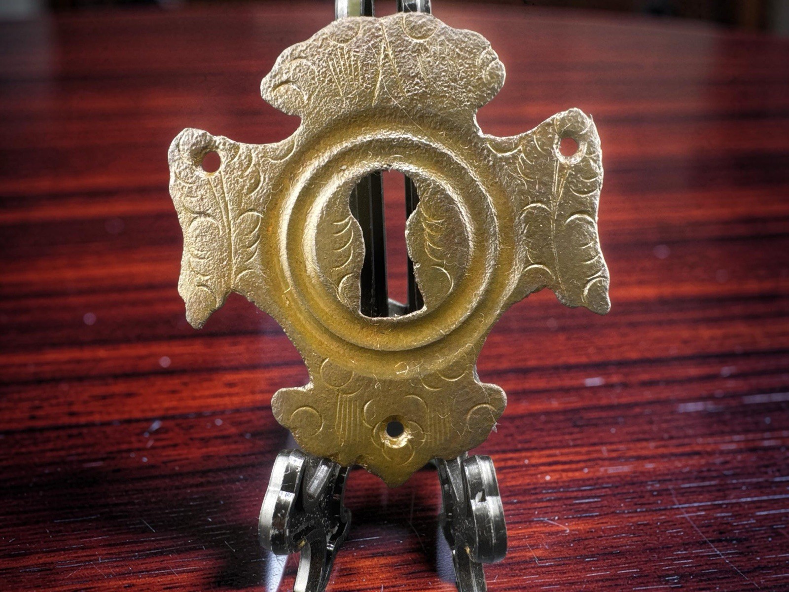 Civil War Era Brass Trunk Lock Escutcheon Plate – Antique Engraved Dug