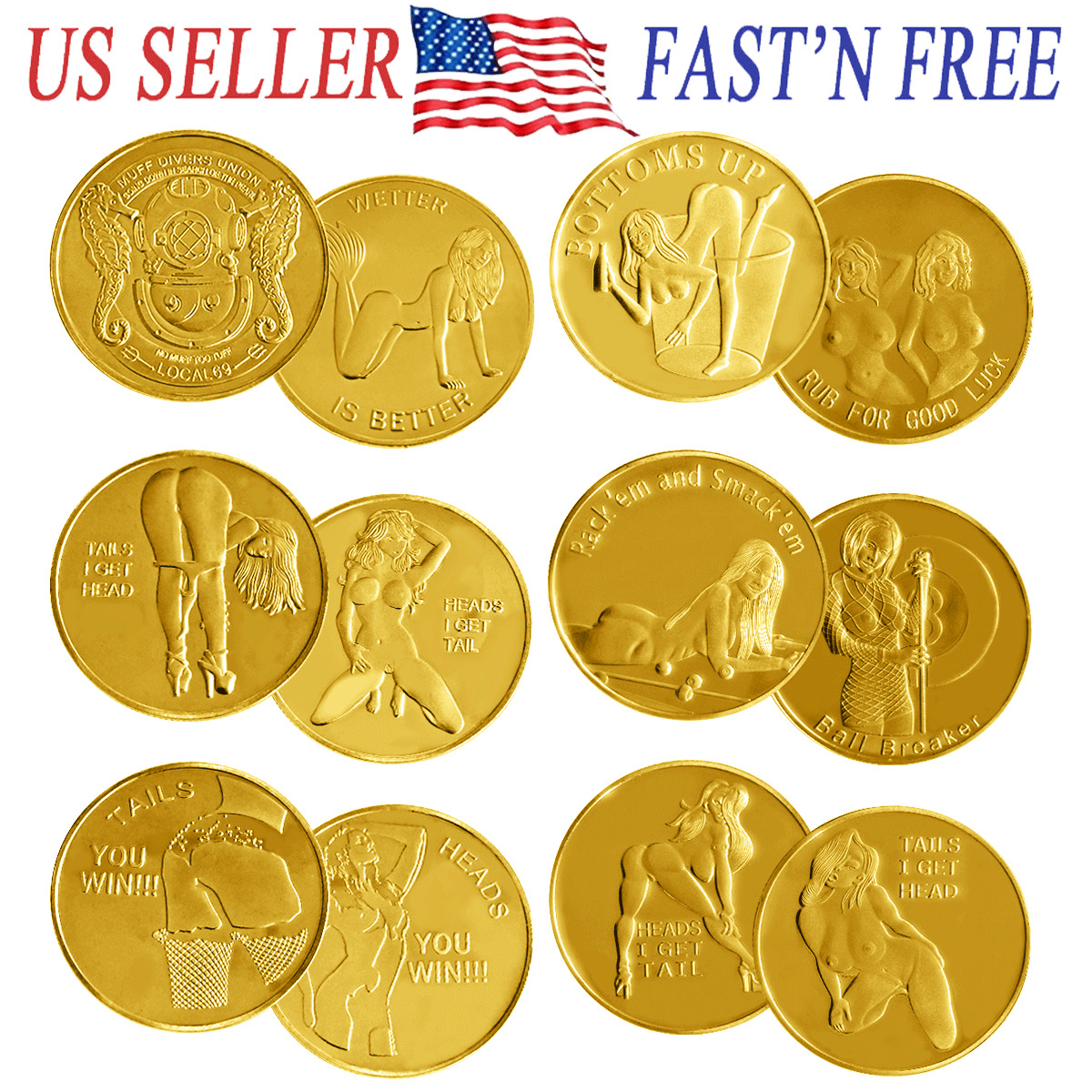 6PCS Good Luck Heads Tails Gold Token Challenge Coins Sexy Girl Gift For Man