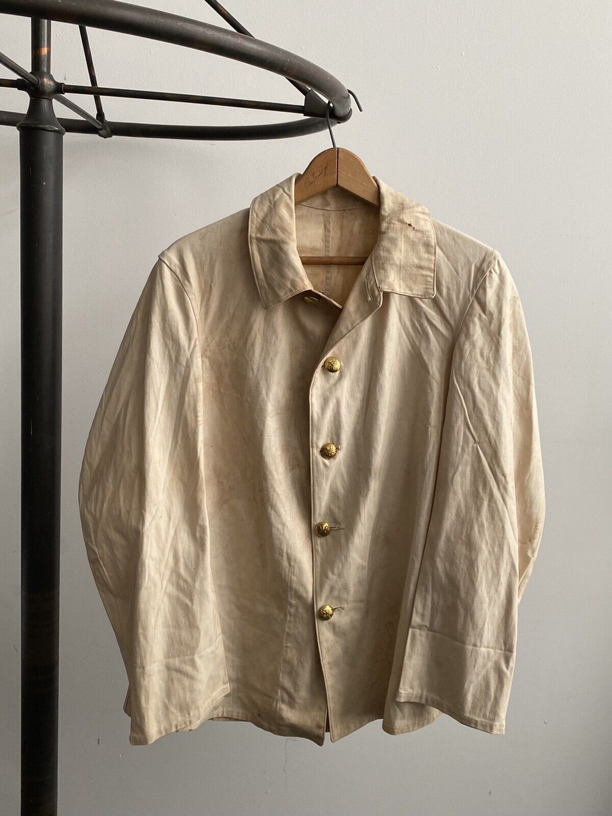 Vintage Spanam 1890s US Military White Duck Jacket Change Button Workwear Denim