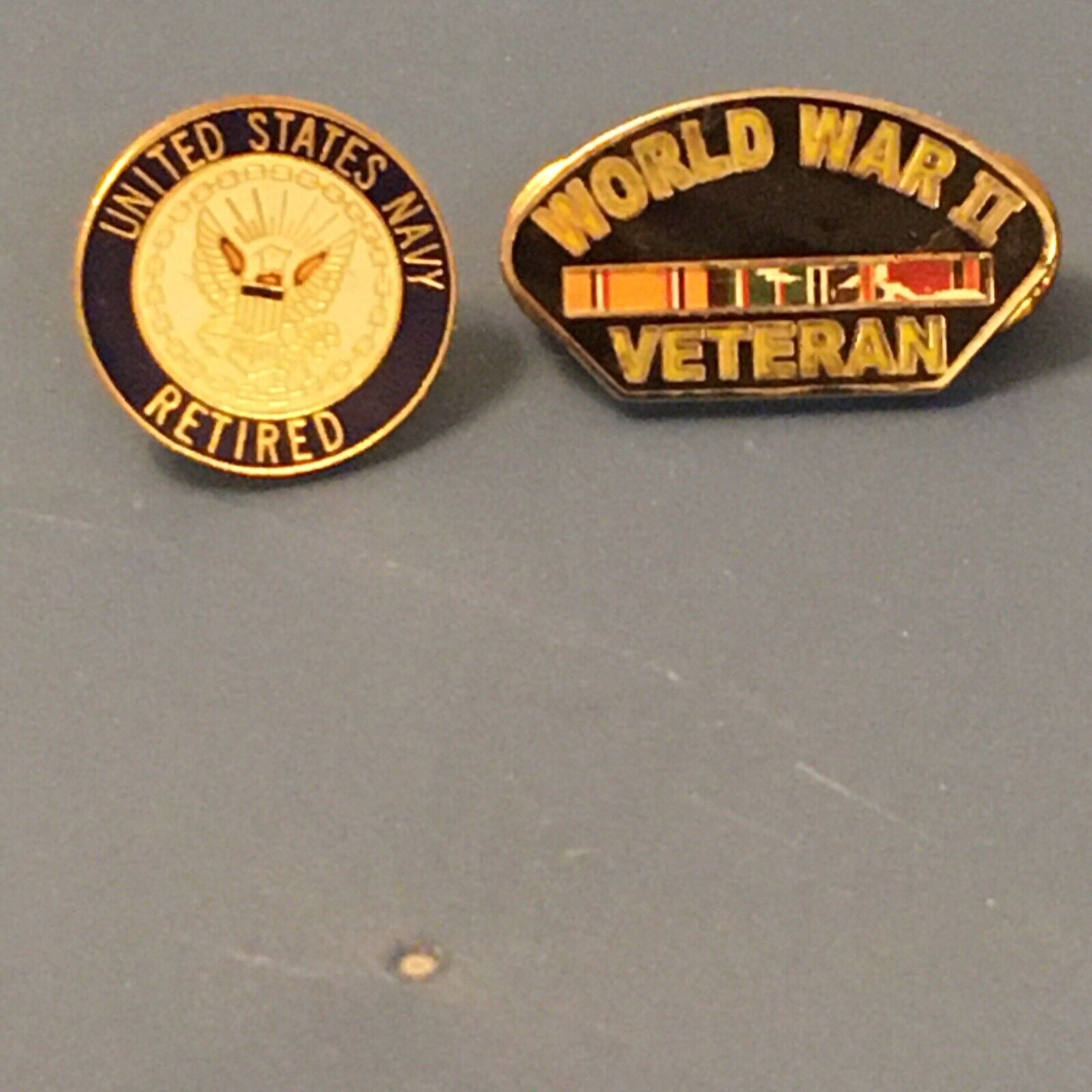 WWII Veteran With Ribbon and United States Navy Retired Pins