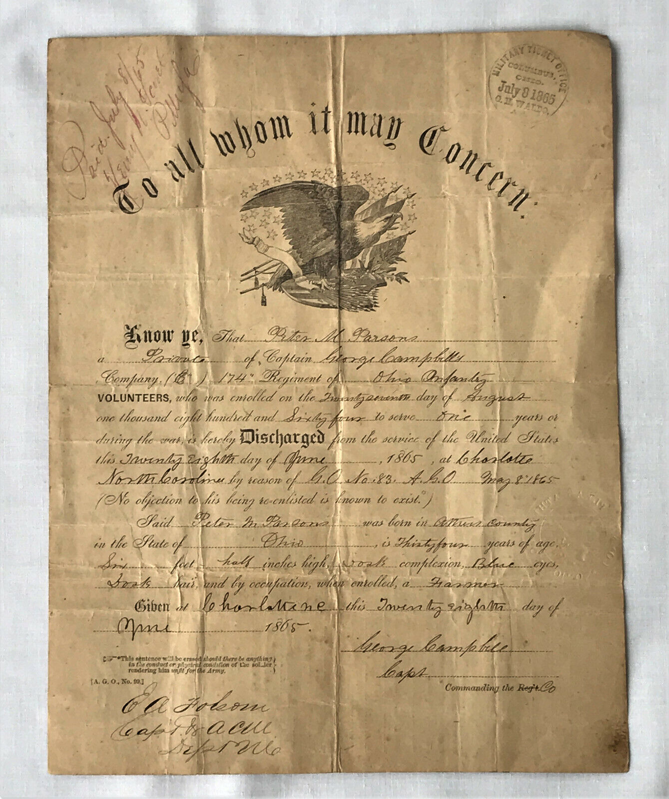Orig. Civil War Discharge 1865 174th Reg. Ohio Infantry Volunteer Peter Parsons
