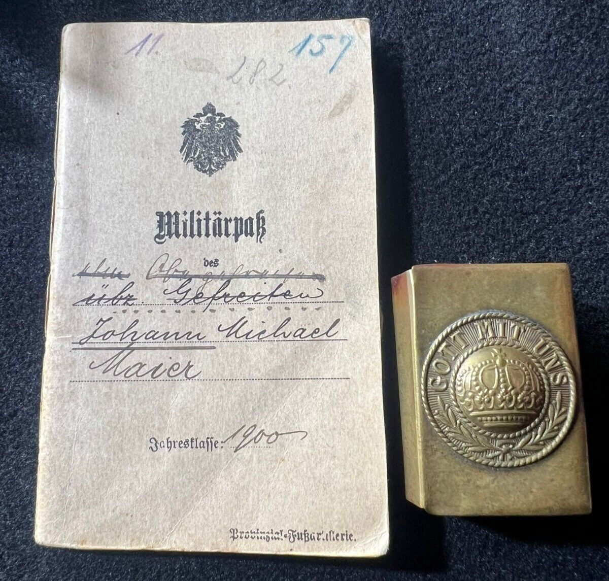 WWI German Original Militärpass MAIER Art Reg 13 Buckle Matchbox Reims 1918