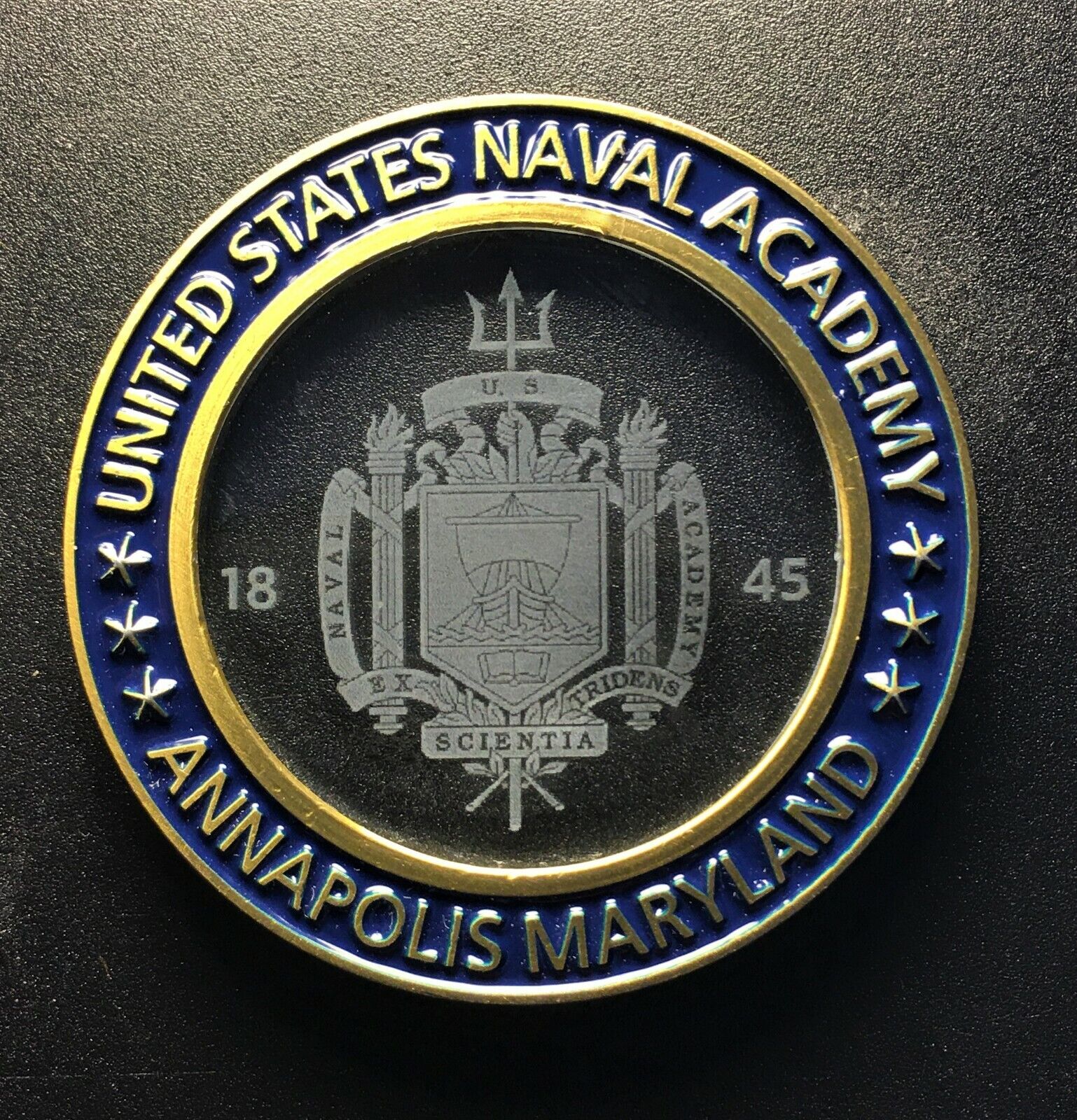 Naval Academy USNA Trident Crystal & Brass Challenge Coin Annapolis Midshipman