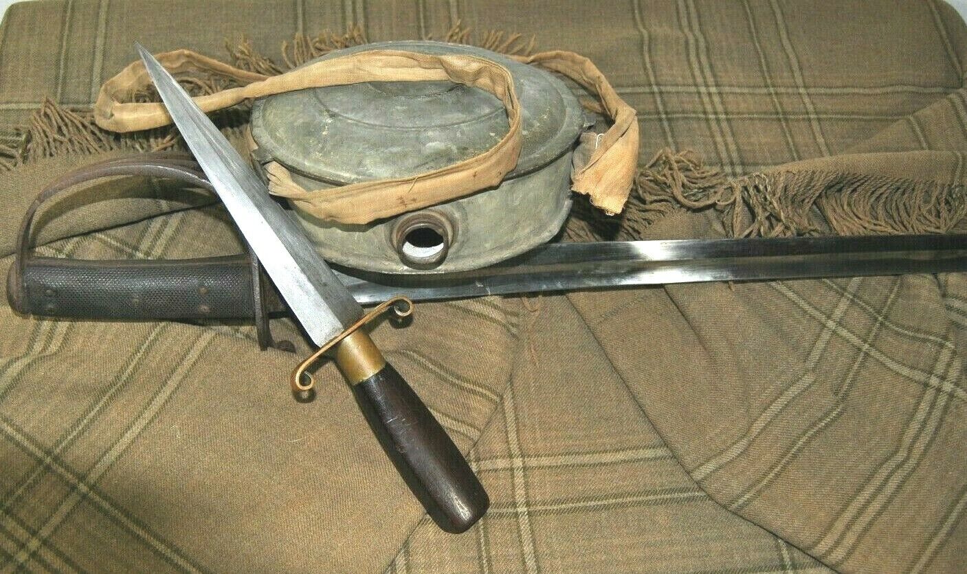 AWESOME CIVIL WAR CONFEDERATE GROUPING SWORD, BOOT KNIFE, BLANKET & CANTEEN