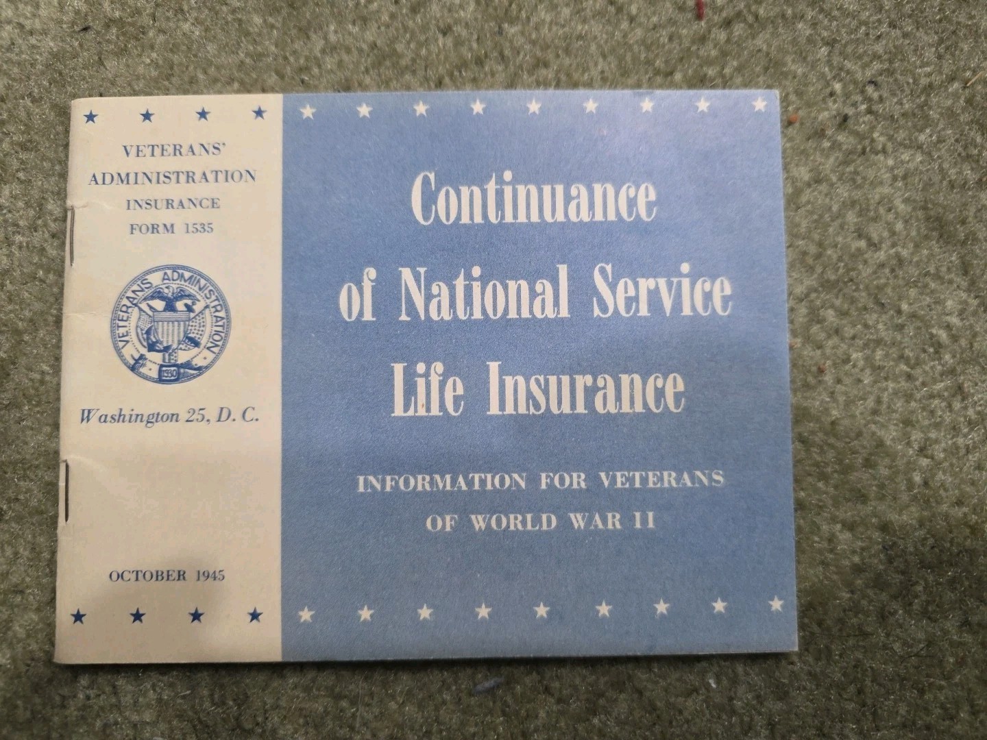 WWII Veterans Administration Life Insurance Form 1535 Booklet, October 1945