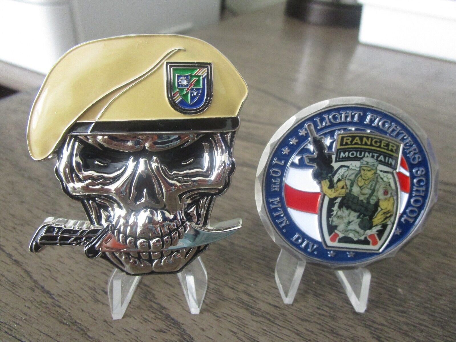 US Army Ranger Light Fighters School & 75th Ranger Reg Skull Challenge Coins