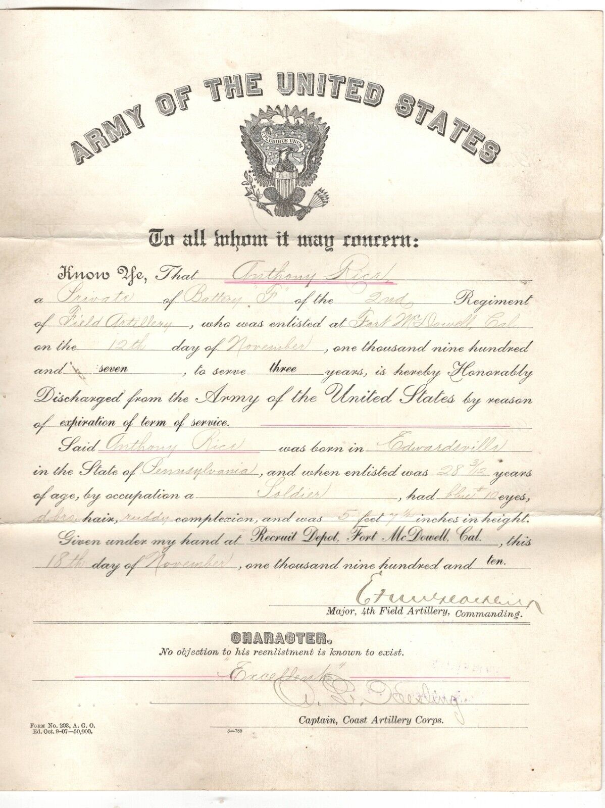 Army Honorably Discharged Record Private Rice September 1910 Fort McDowell CA