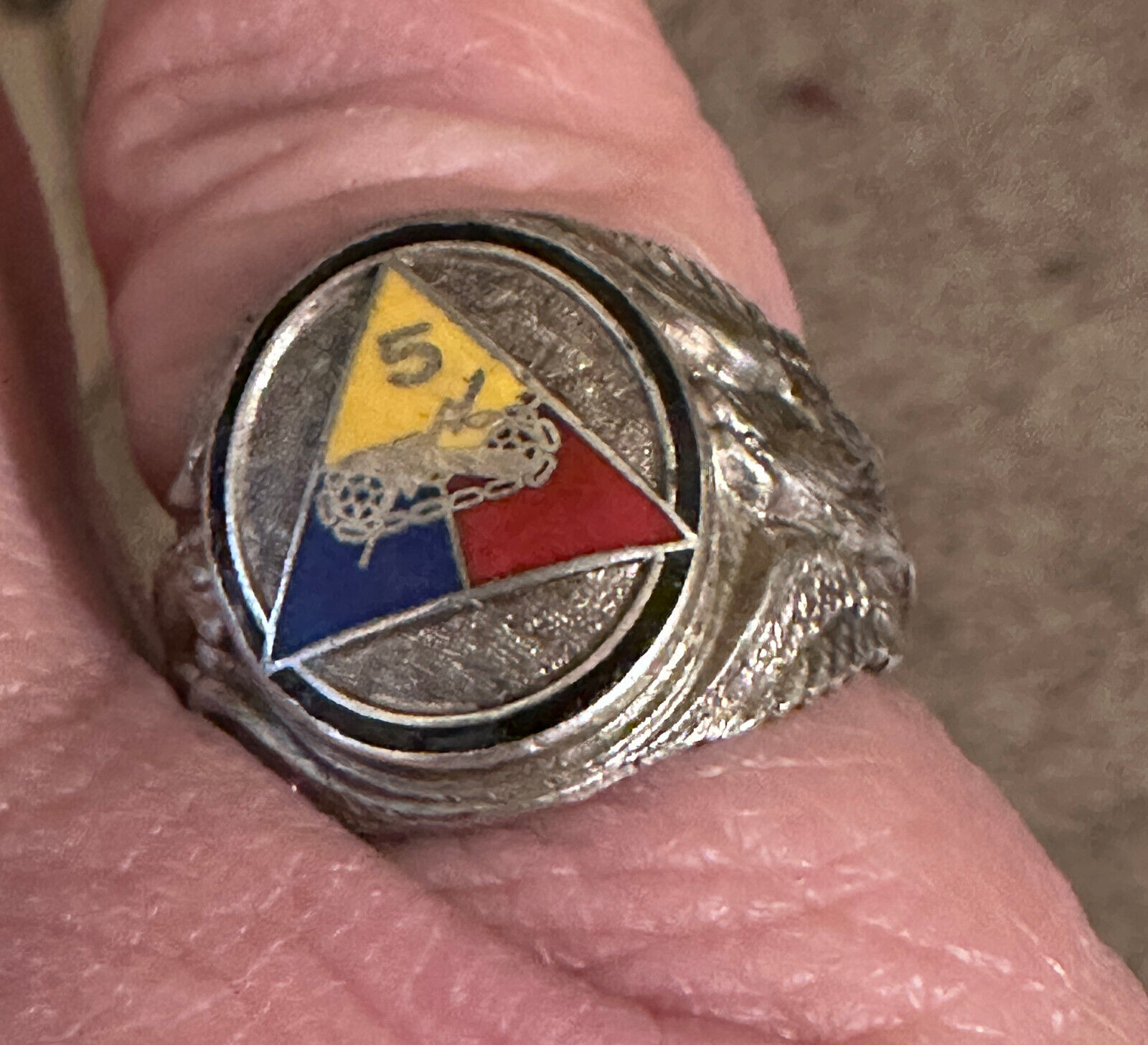 Vintage WWII Sterling US Army 5th Armored Division Ring, size 7 3/4, Eagles