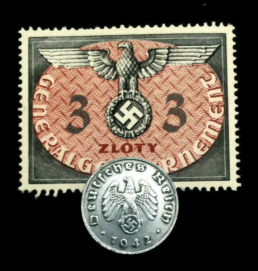 Rare Old WWII German War 1 Rp Coin & 3 Zolty Stamp World War 2 Artifacts