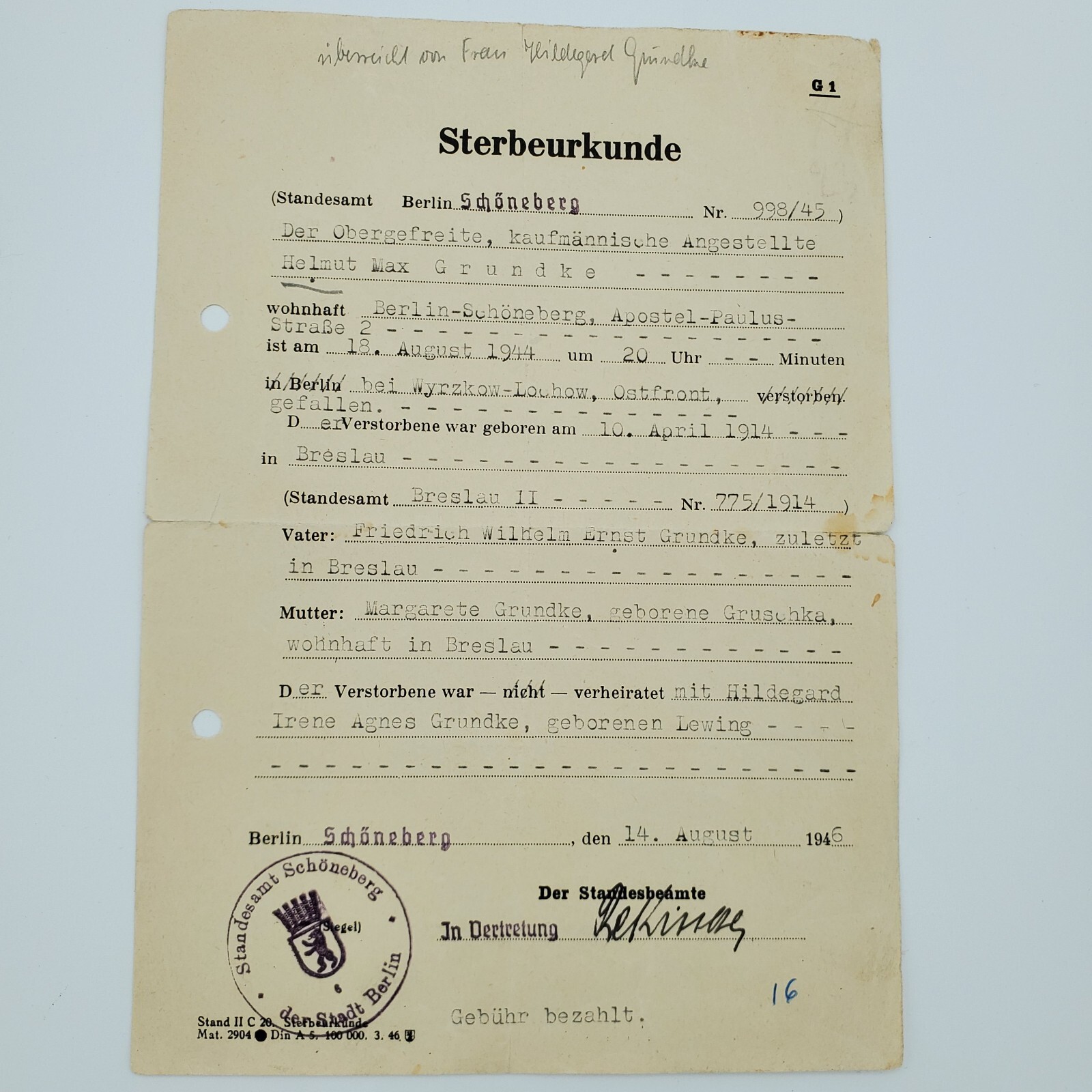 WWII German Wehrmacht Obergefreiter Grundke Death Certificate Eastern Front 1944