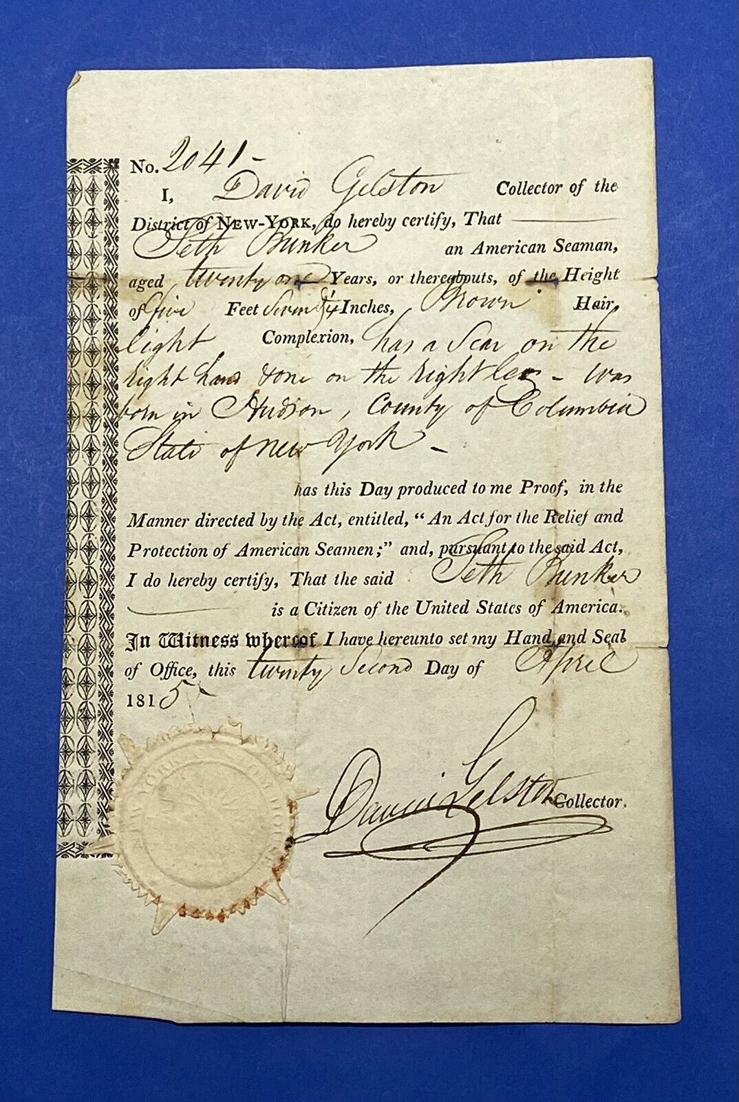 1815 American Seaman\'s Proof of Citizenship Paper
