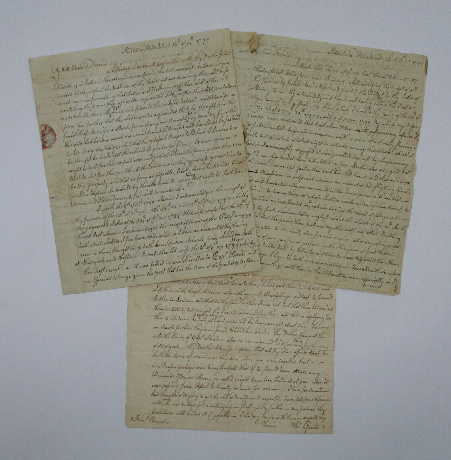 Manuscript letters regarding the banishment and exile of Loyalist Quaker 1790-91