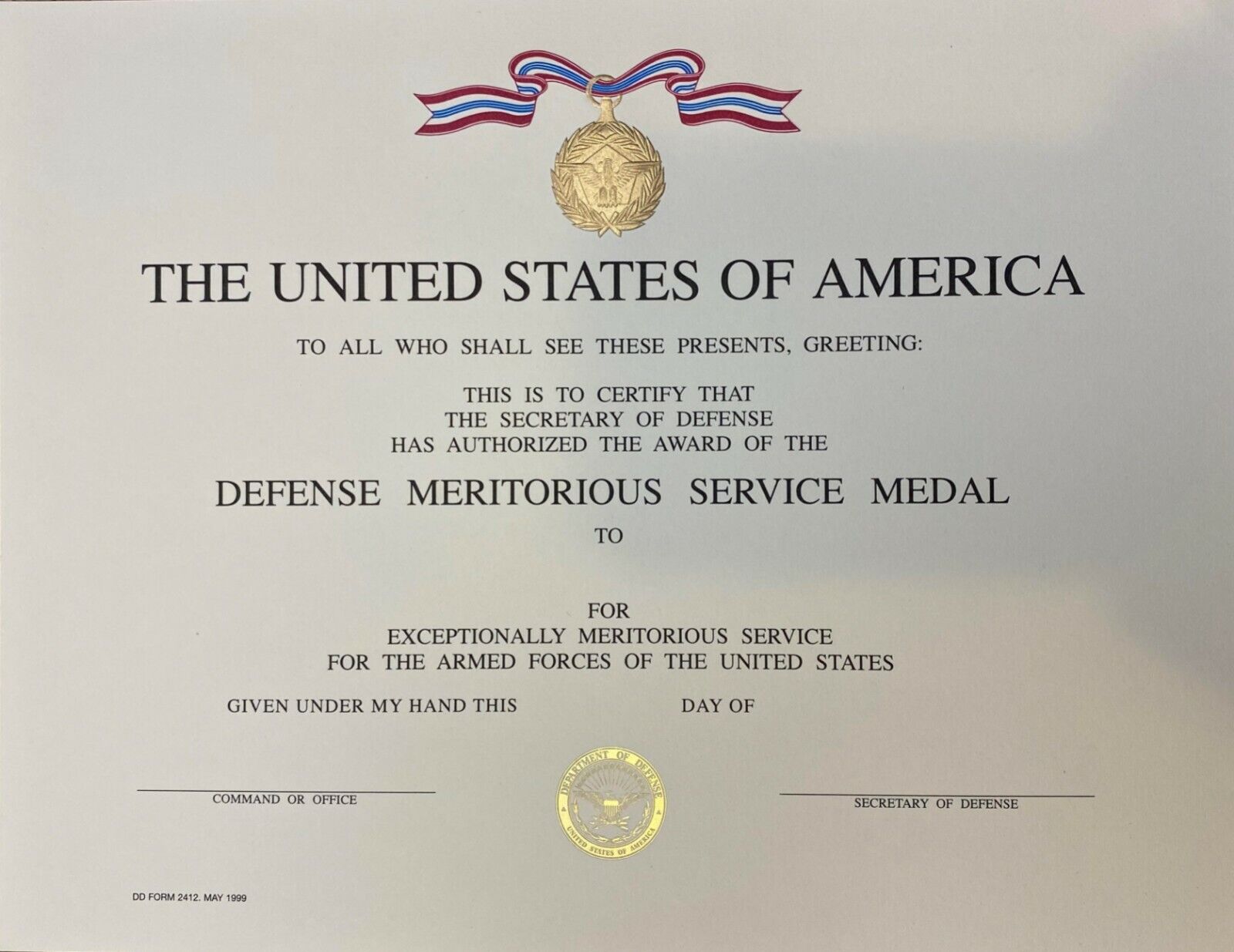 Defense Meritorious Service Medal (DMSM) Citations (Certificate) - BLANK