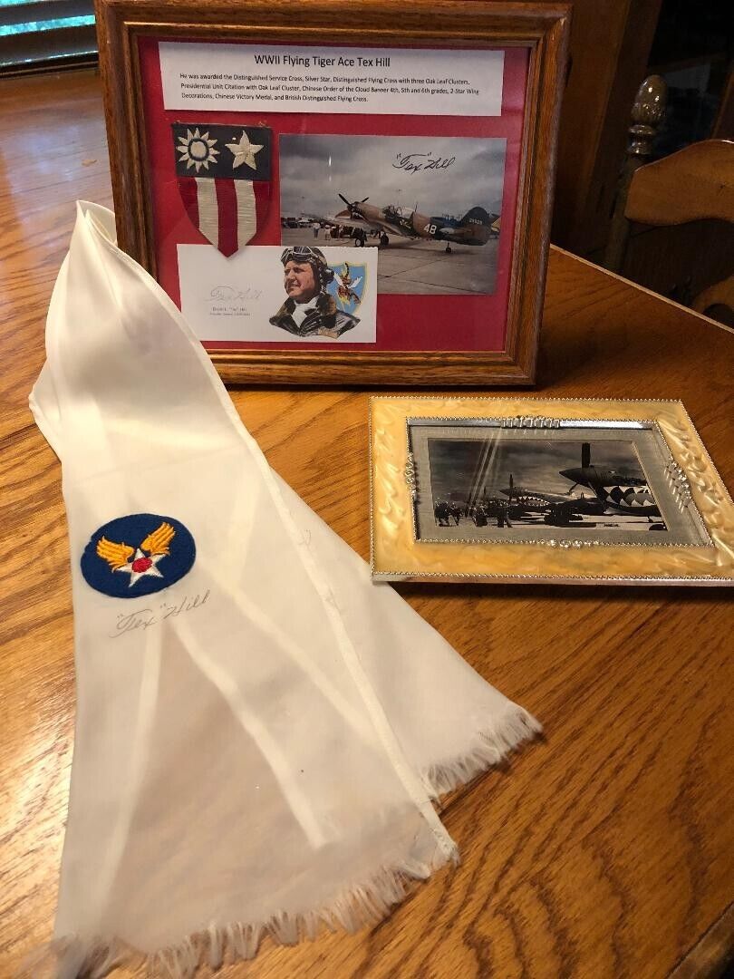 WWII Flying Tigers Tex Hill Original AVG Signed Scarf Card & Framed Photographs