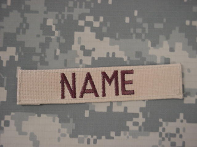 CUSTOM DESERT NAME TAPE, NEW, 5 INCH, BROWN LETTERS, WITH HOOK FASTENER*