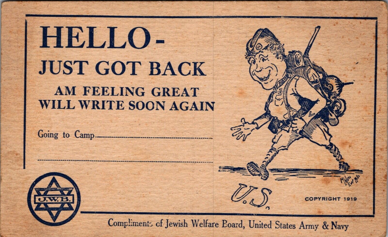 WWI US Army Navy Jewish Welfare Board Hello Just Got Back Vintage Postcard