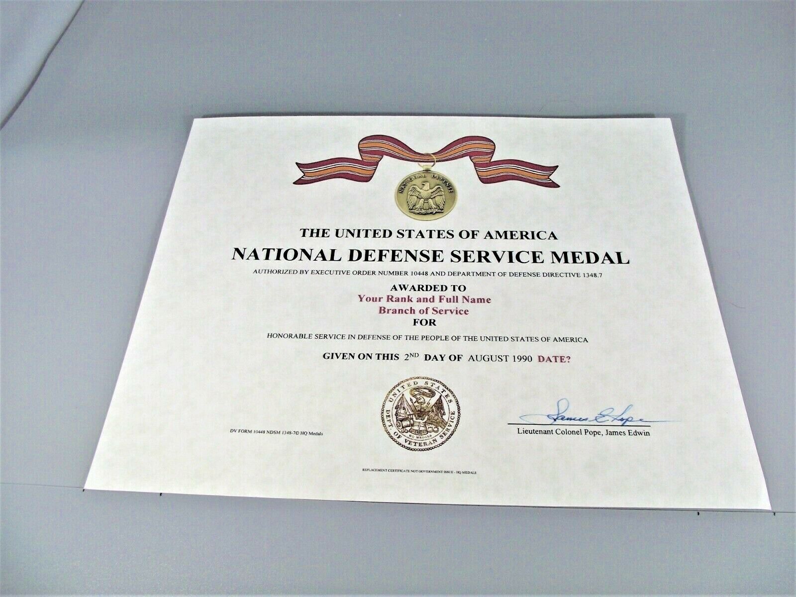 NDSM National Defense Service Medal Certificate Army Navy Air Force Marines