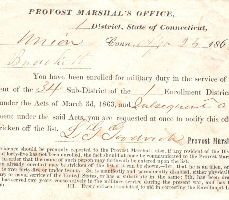 Connecticut Civil War Provost Marshal\'s Military Duty Enrollment Draft Document