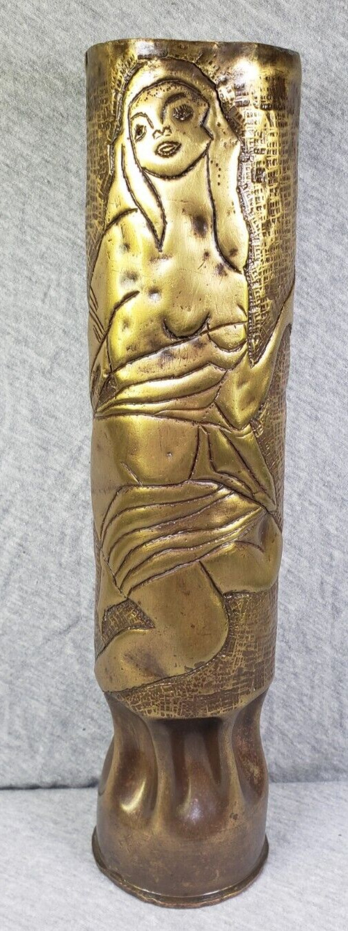 WW1 Era Brass Naval Artillery Shell Erotic Woman Boudoir Scene Trench Art Vase