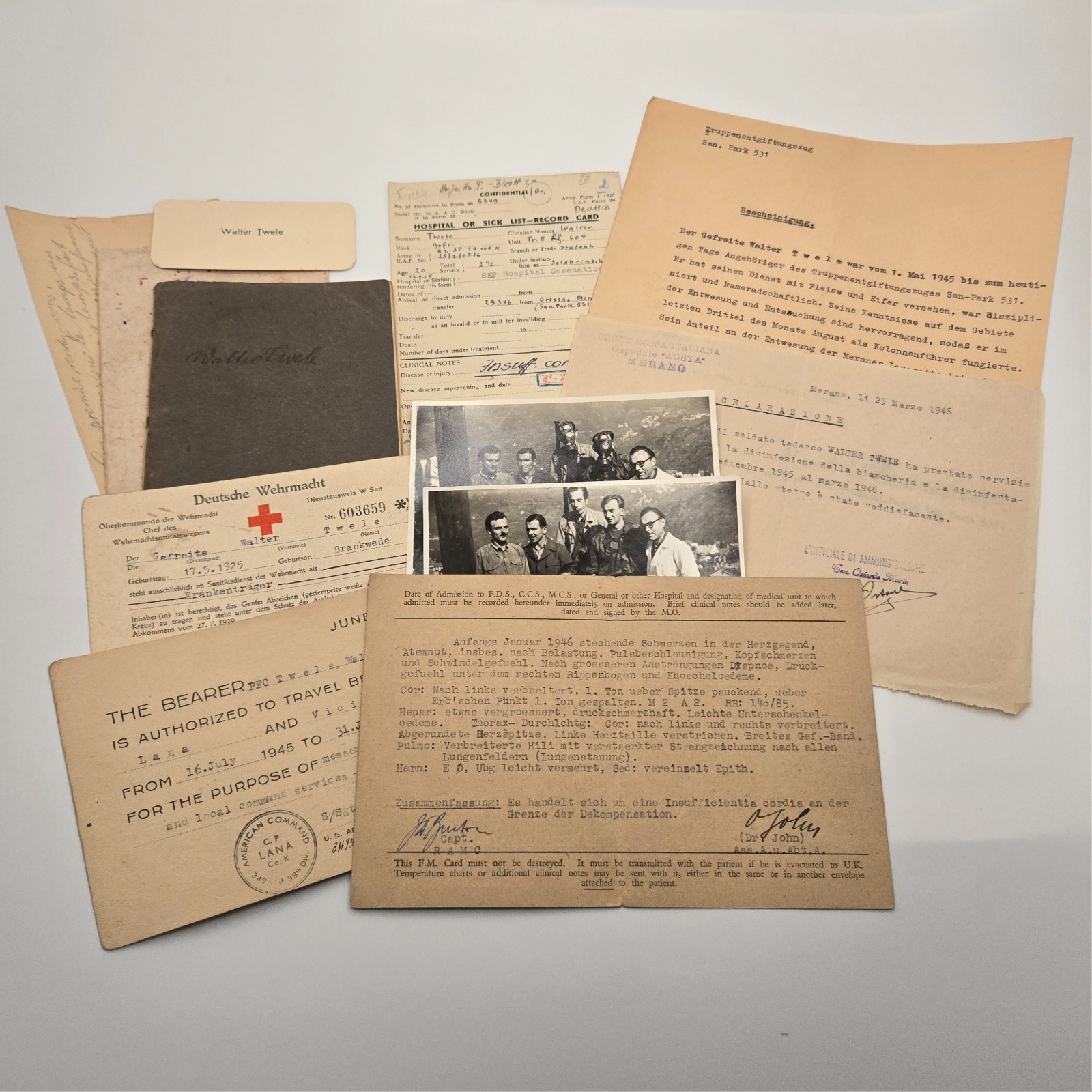 WWII German Medic Document Group POW Hospital Card Meran Entgift.Kp 604 Original