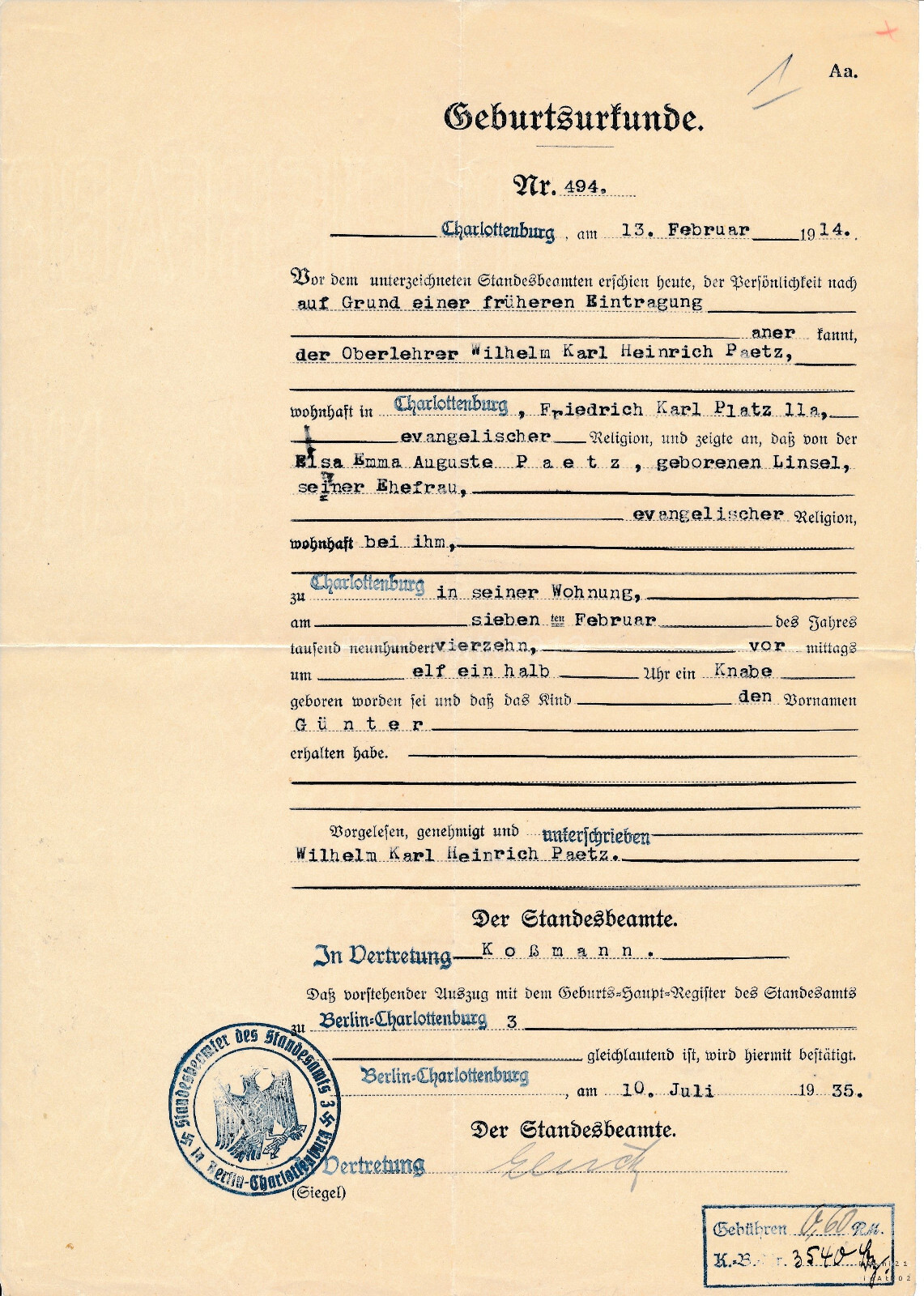 Nachl. Dr.med. Günter Paetz, birth certificate of the doctor, 5026-1209/62