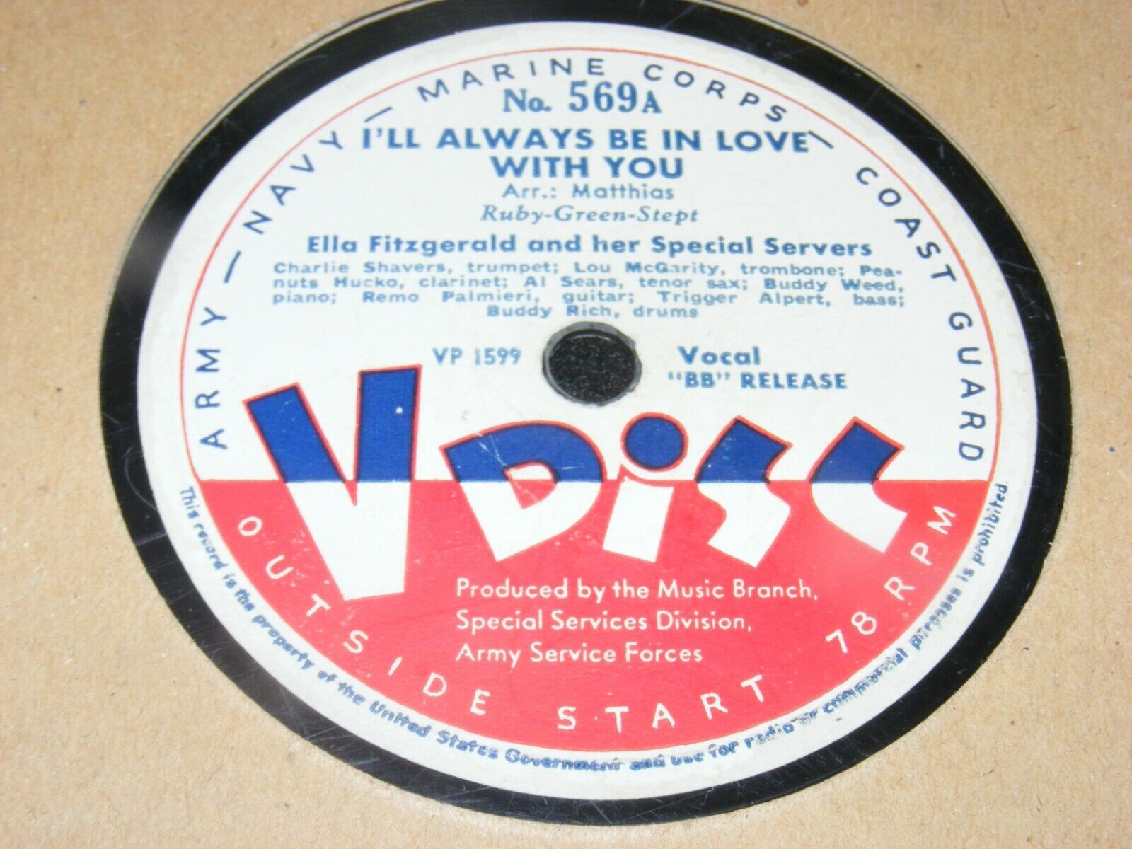 ELLA FITZGERALD 78 rpm V DISC WW II #569 CHIP Jo Stafford I'LL ALWAYS BE IN LOVE