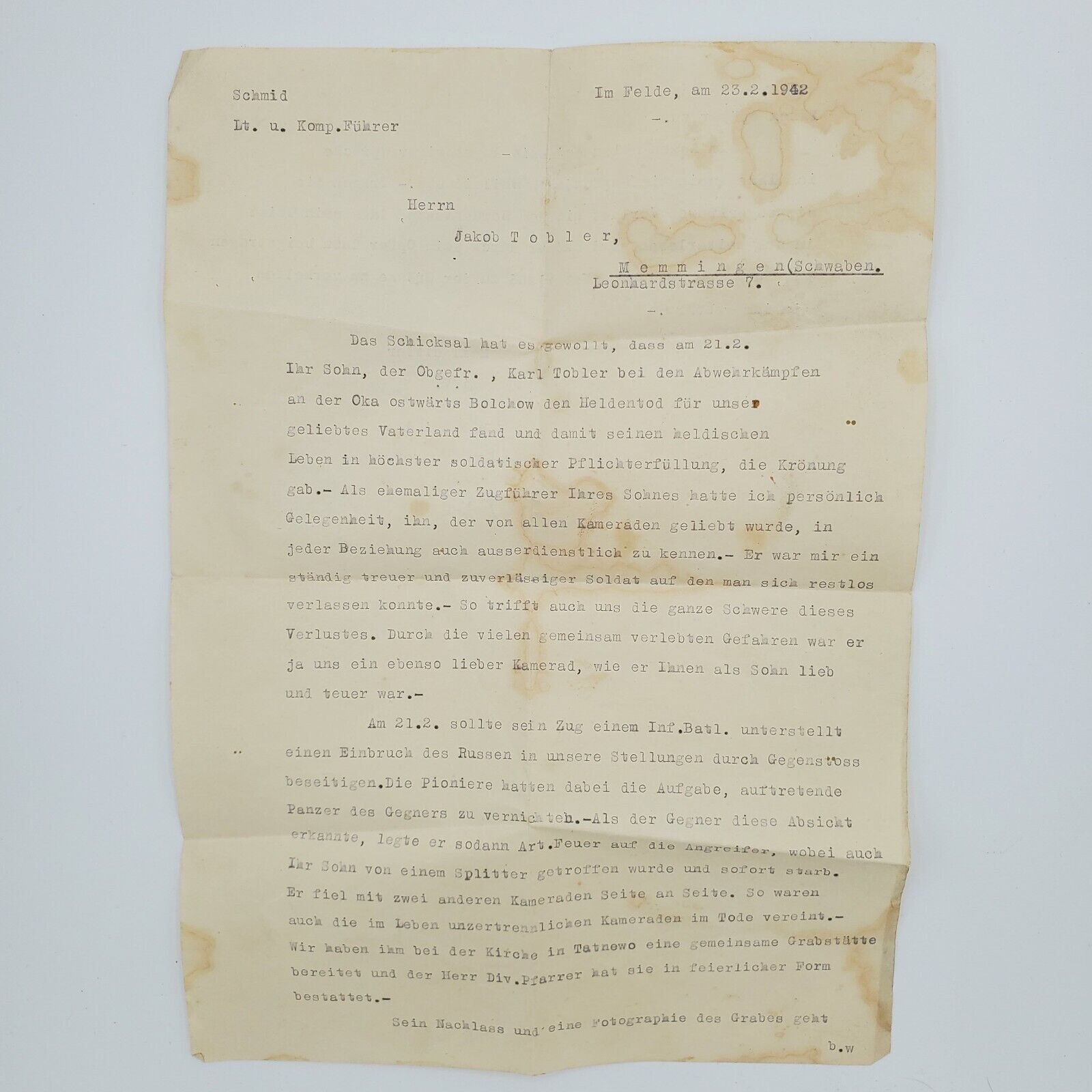 WW2 WW2 Original German Barbarossa officer letter death notification 1942 tank