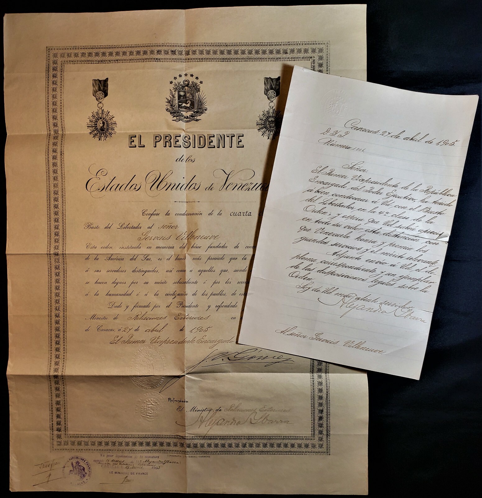 Venezuela Order Bust of the Liberator Diploma & Letter Busto del Libertador 1905