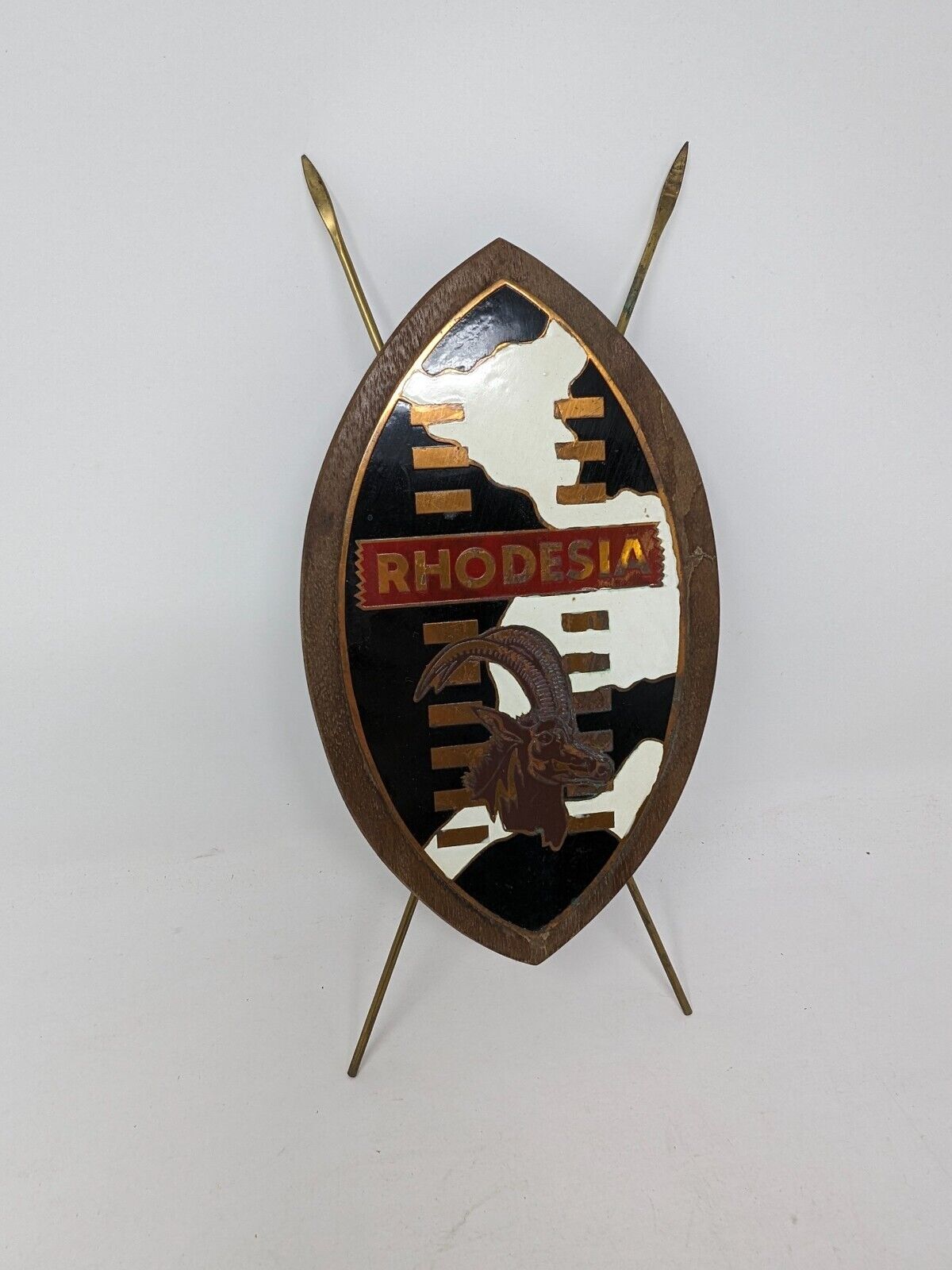1970s Zulu Shield / antelope souvenir Rhodesia Plaque: wood / brass  /Zimbabwe