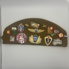 Vintage Russian USSR Military Uniform Pilotka Hat Cap w 17 Pins 3 Patches 1970s