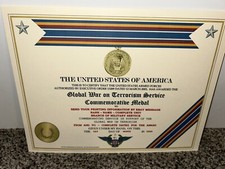 GLOBAL WAR ON TERROR SERVICE MEDAL COMMEMORATIVE CERTIFICATE ~ W/PRINTING TYPE-1