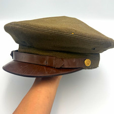 Vintage Military Visor Cap Olive Drab Wool Leather Brim Brass Eagle Button 6 7/8