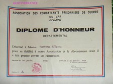 DIPL385 - Honorary Diploma Assoc. Combatants Prisoners Of War Var 1969