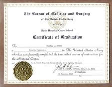 United States Navy Certificate of Graduation 1965 Hospital Apprentice Basic Corp