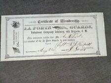 La Porte Guards Certificate Of Membership 1865 , Civil War Document Rare picture