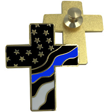 Thin Blue Line American Flag Cross USA Lapel pin Cloisonné Police Sheriff cbp at picture