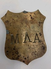 Vintage Handmade Brass Initial Badge “M A A” Shield Pin Rustic Folk Art Uniform